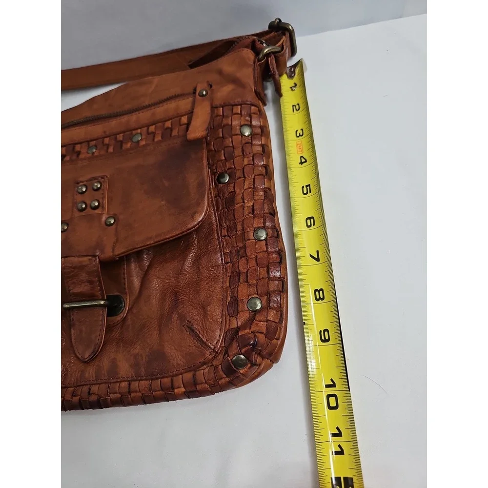 Harbour 2nd Tuula Woven Distressed Leather Crossbody Bag Purse Brown Cognac